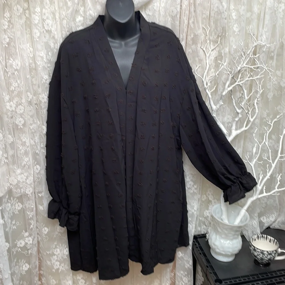 Deep Black Sheer Swiss Dot Kimono Cardigan Blouse - Picture 9 of 9